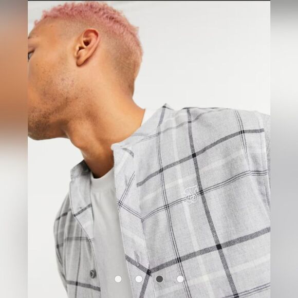 SikSilk flannel check grandad collar shirt contrast Gray Plaid Button-Up L - Picture 3 of 10